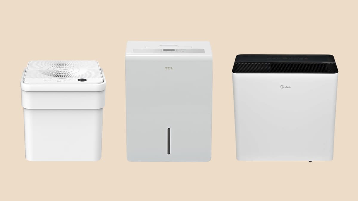 Midea MAD20S1QWT, TCL W25D92, and Midea MAD50PS1AWT-C Costco dehumidifiers on beige background