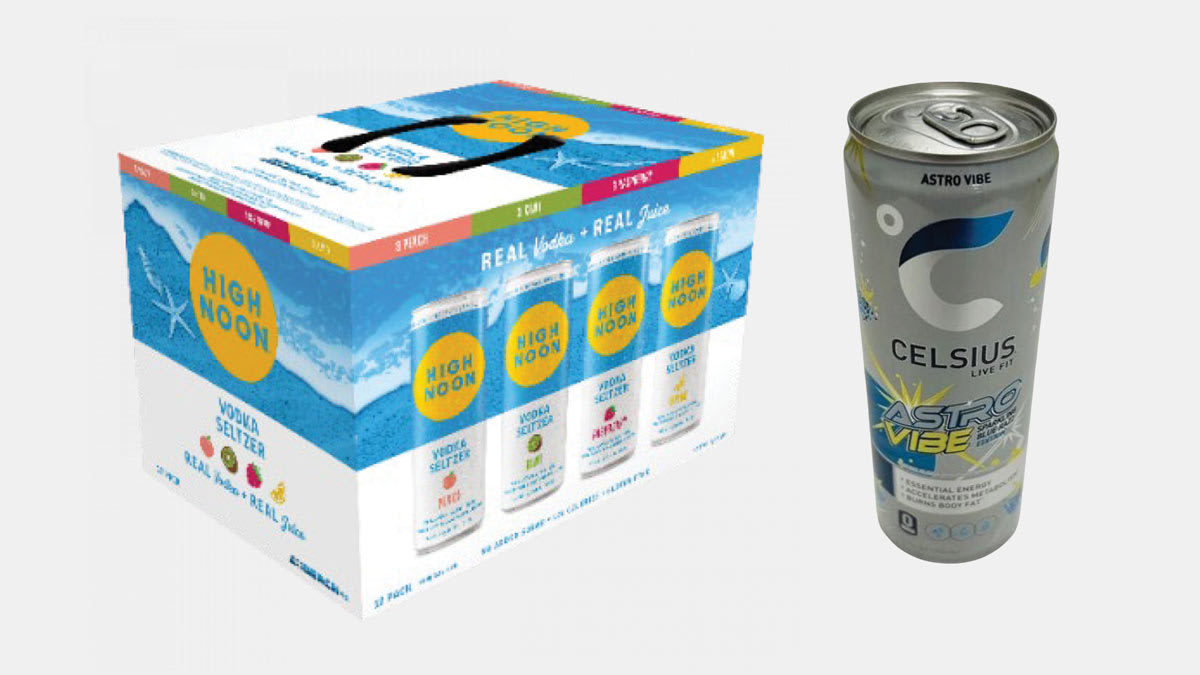 box of High Noon Beach Variety Pack and can of CELSIUS ASTRO VIBE Energy Drink, Sparkling Blue Razz Edition