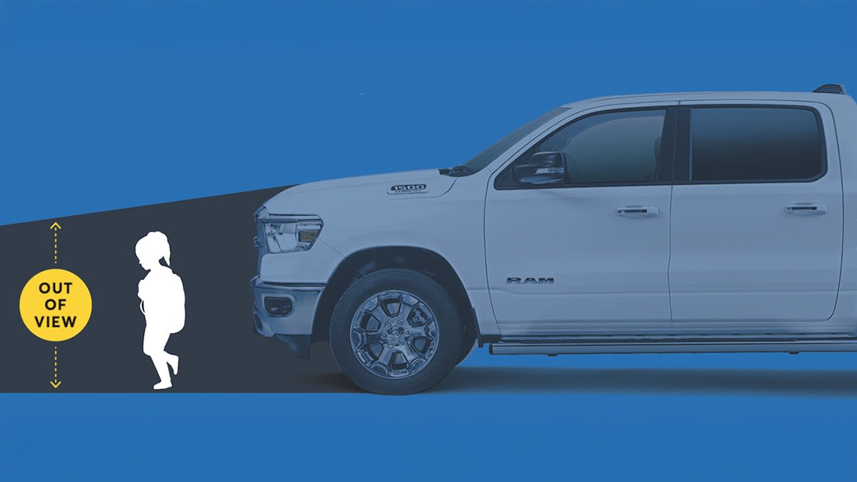 This image illustrates a child in a truck's blind spot, emphasizing the "out of view" area in front of a pickup.