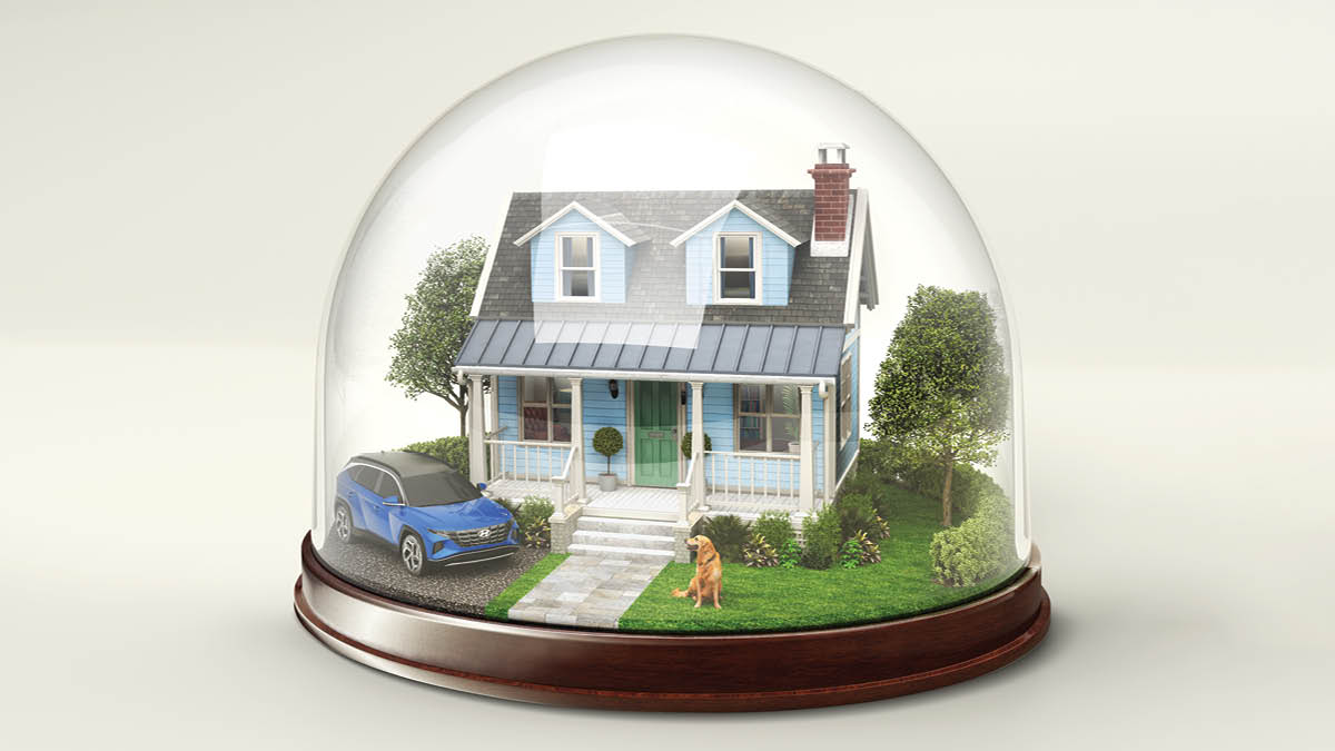 Glass dome with a house, car and dog protected