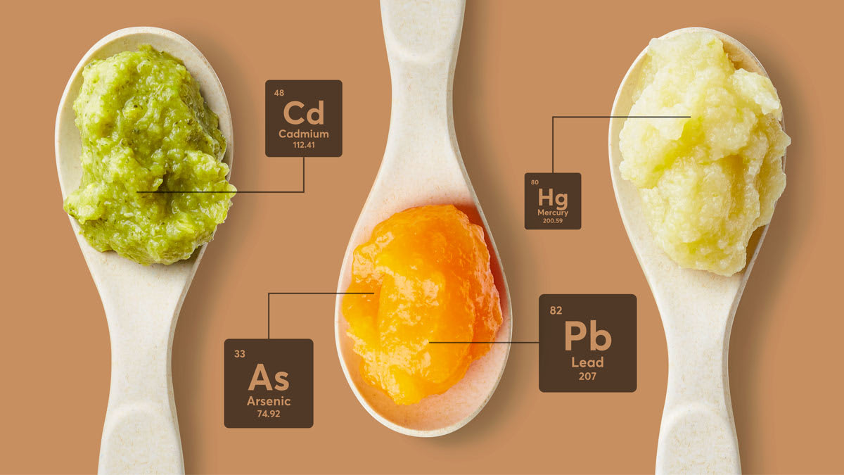 Three spoons of baby food—green, orange, and beige—labeled with toxic metals: cadmium, arsenic, lead, and mercury