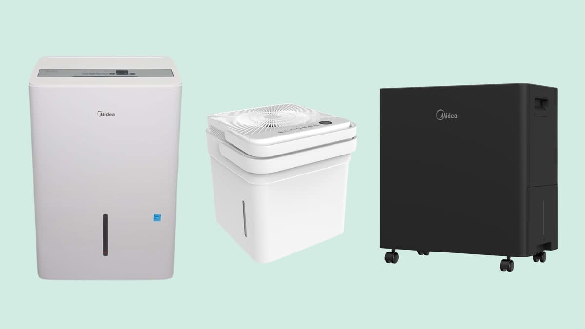 Midea MAD35C1AWS, Midea MAD35S1QWT, and Midea MAD50PS1AWBL dehumidifiers on light green background