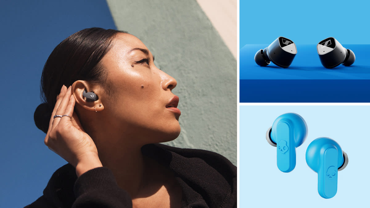 grid of person wearing Beats by Dr. Dre Beats Fit Pro earbuds, Sennheiser CX Plus earbuds, and Skullcandy Dime 2 True Wireless earbuds
