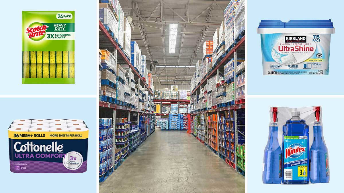 Scotch Brite sponges, Cottonelle toilet paper, Kirkland Signature laundry pods, Windex, aisle of Sam's Club