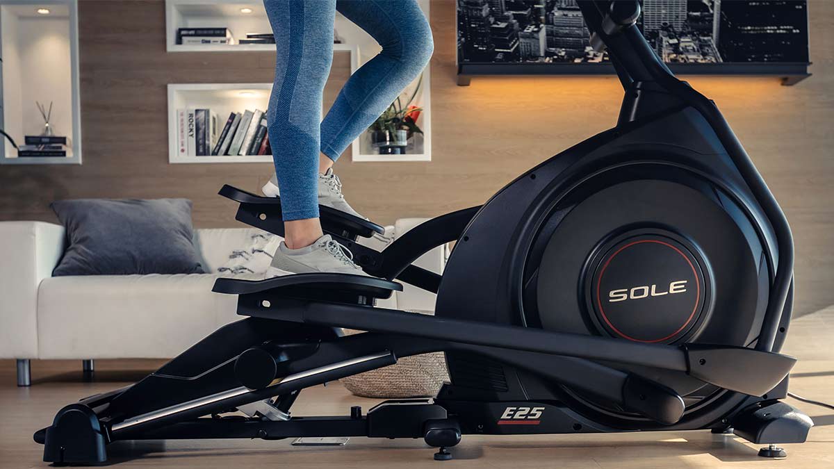 Close-up of the lower half of the Sole E25 elliptical.