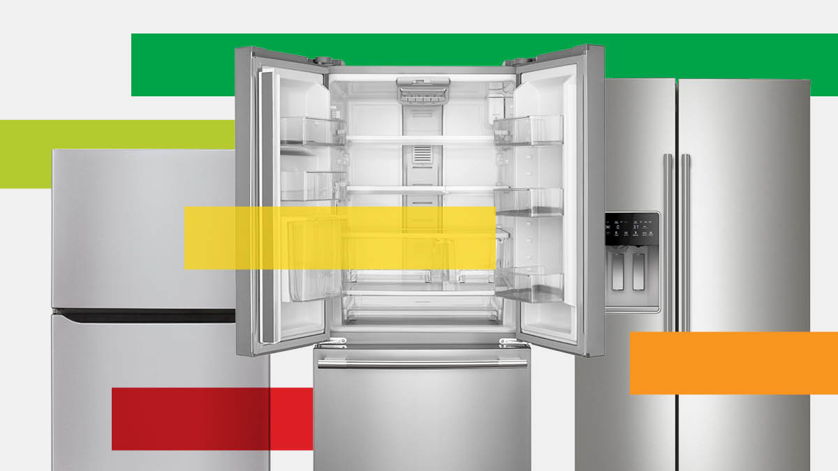 Images of 3 types of refrigerators with data bars overlaid