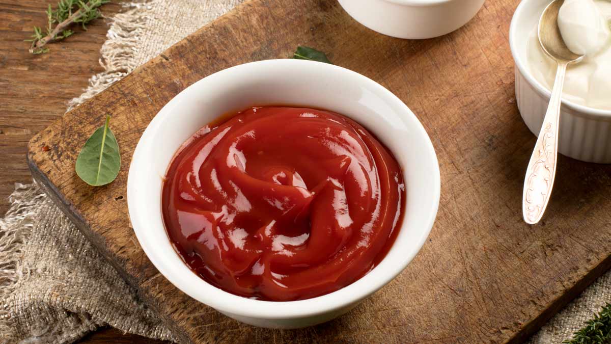 Ketchup on a cutting board with a few other ingredients.