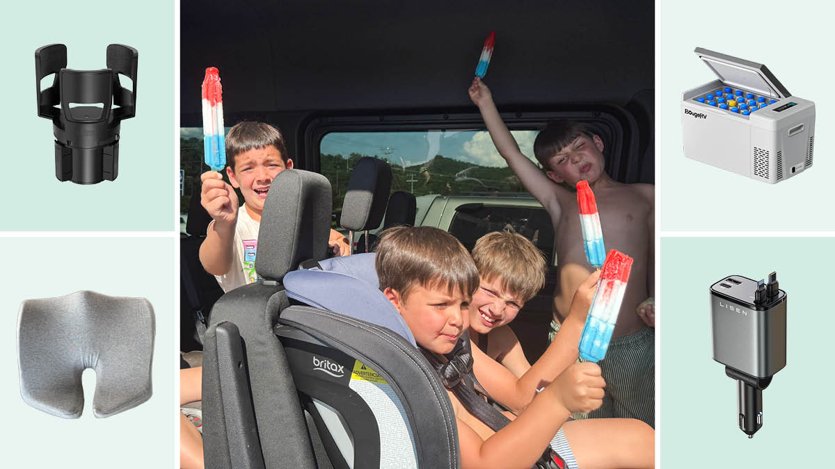 Gorilla Grip cupholder, Cushionlab seat cushion, Lison retractable car charger, Bougee cooler, kids in a car