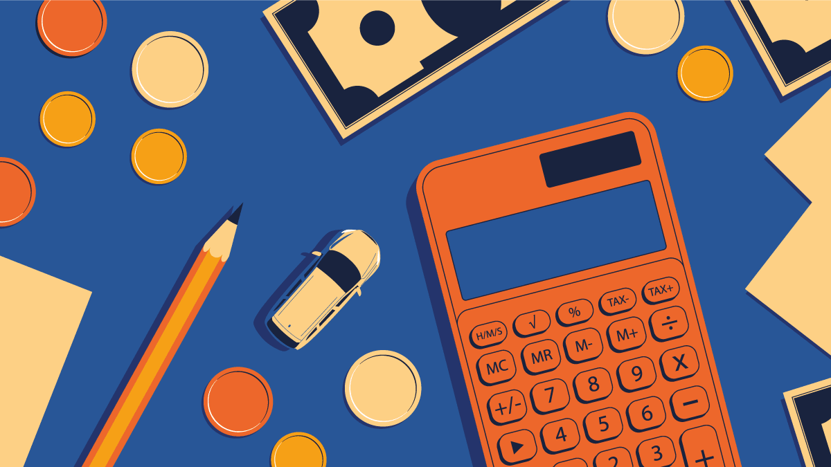 Illustration of a top down view of money, a calculator, a pencil, and a toy-sized car.