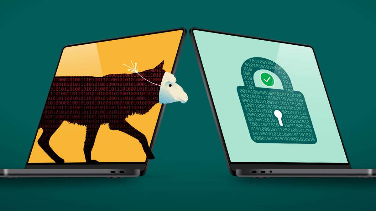 Illustration of two laptops facing each other: one shows a wolf in sheep’s clothing made of binary code, the other a secure padlock.
