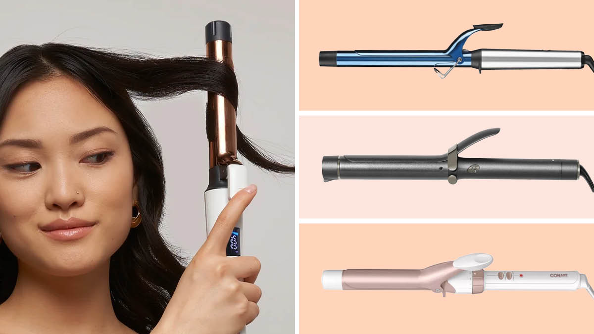 Woman using Belisa curling iron, with Babyliss, T3, and Conair curling irons