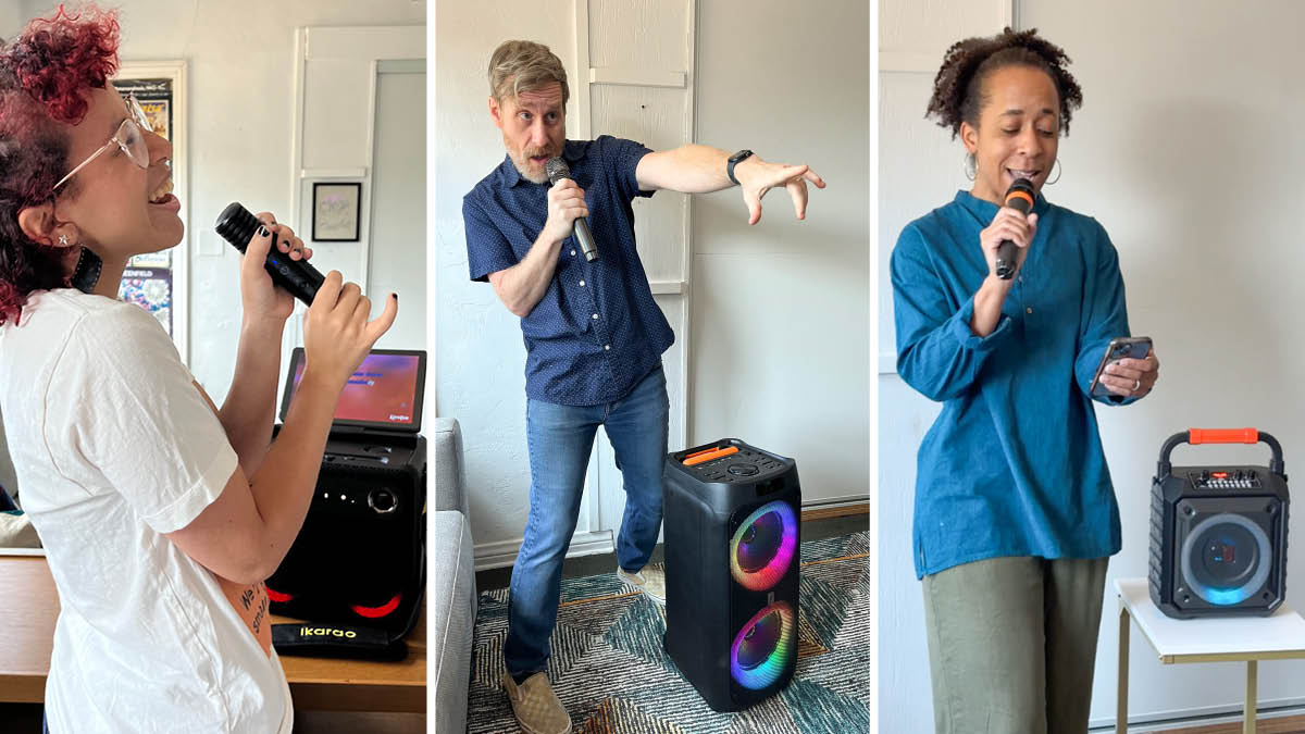 Leigh-Ann Jackson, her daughter, and her husband singing with three different karaoke machines
