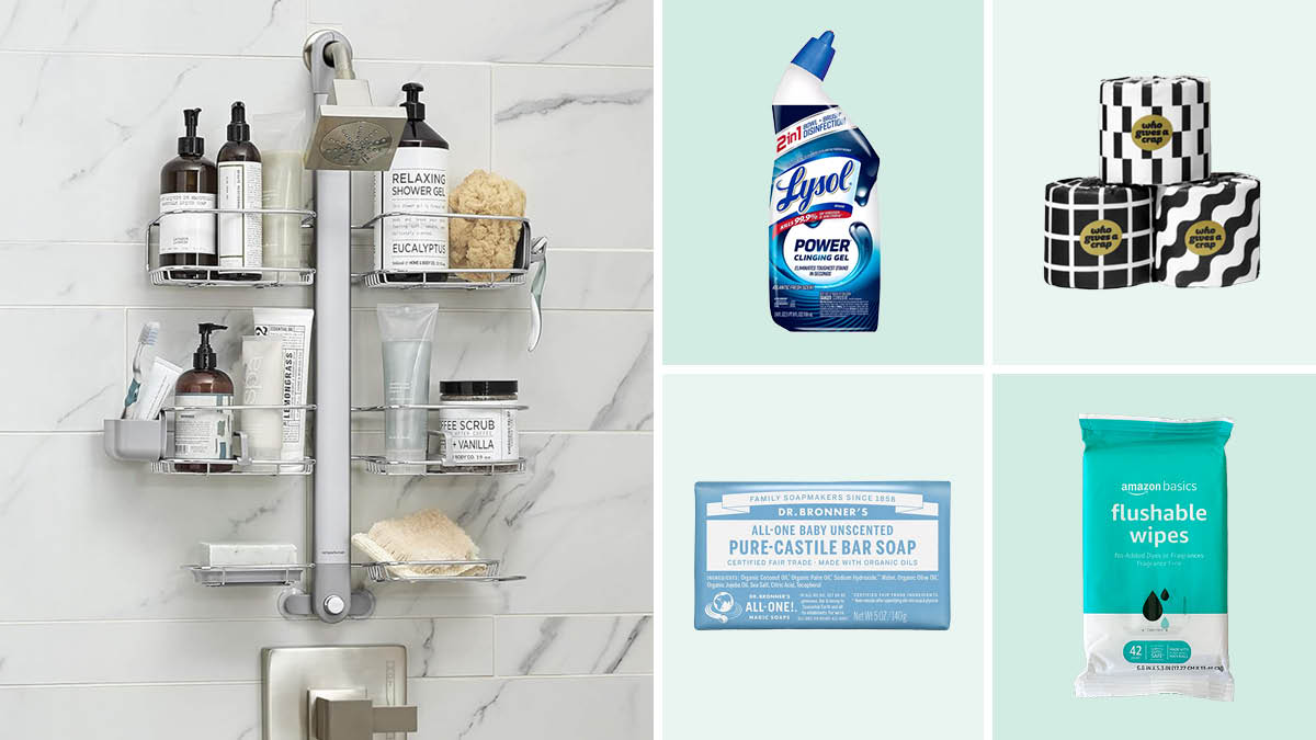 Simple Human shower caddy, Lysol toilet cleaner, Who Gives a Crap toilet paper, Dr Bronner bar soap, Amazon Basics flushable wipes
