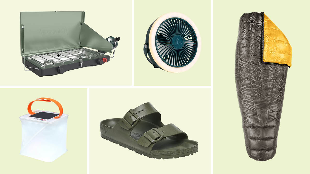 Coleman camping stove, LuminAID lantern, Coughlan's camping fan, Birkenstock Arizona sandal, Enlightened Equipment Enigma sleeping bag