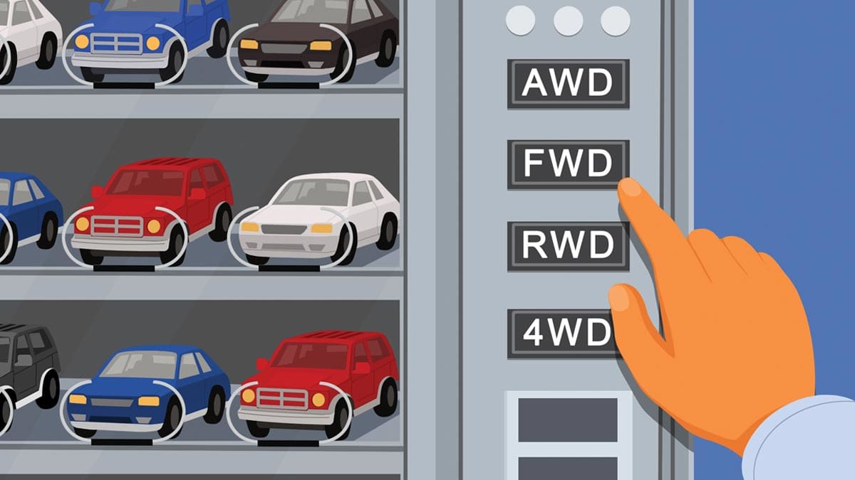 Illustration of hand making a selection from a car vending machine