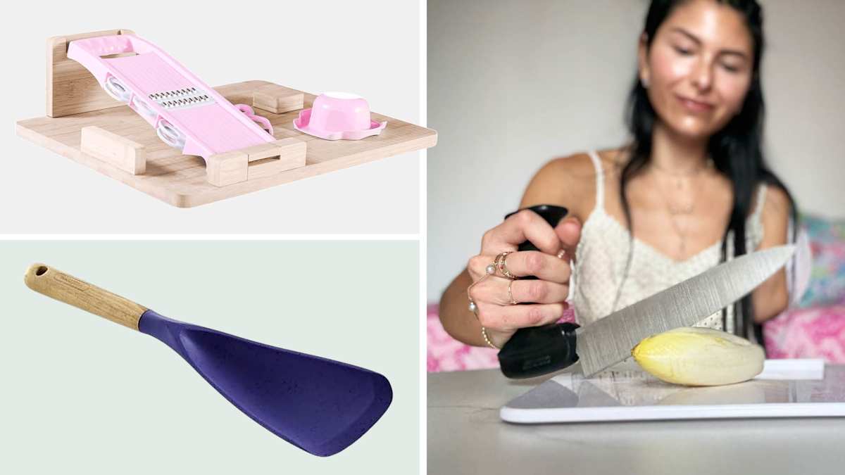 Clockwise from top left: One-handed cutting board, the writer Chloé Valentine using the Swedish Steak Knife, and the Spoonula.
