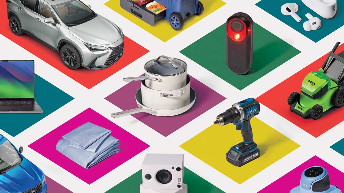 Various consumer products like electronics, tools, kitchenware, and vehicles arranged on colorful diamonds.