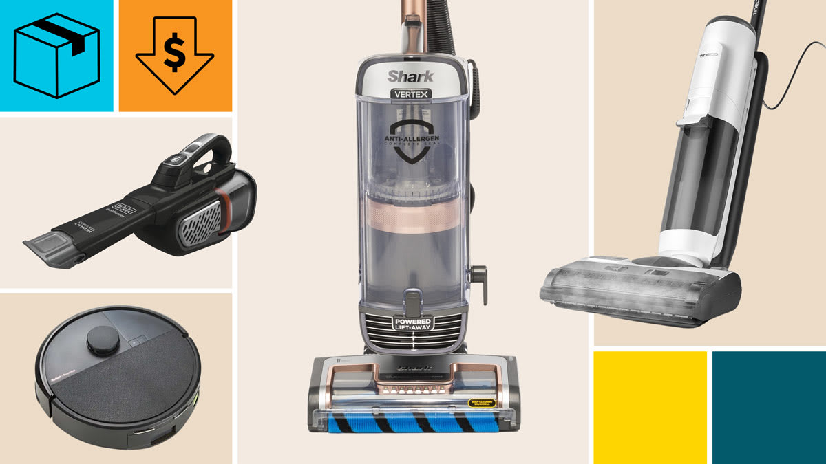 Shark Vertex DuoClean AZ2002 Upright Vacuum, Tineco Floor One S5 Steam mop, iRobot Roomba Max 705, Black+Decker Max+ DustBuster AdvancedClean+ HHVK515J00, with a cyan block with a package icon, and an orange block with a dollar sign in a down arrow