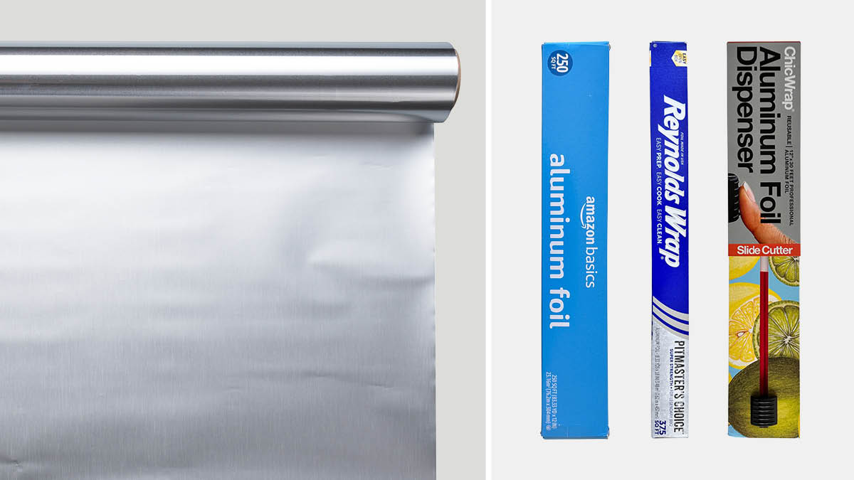Aluminum foil roll on left, Amazon Basics, Reynolds Wrap, Chicwrap aluminum foils on right