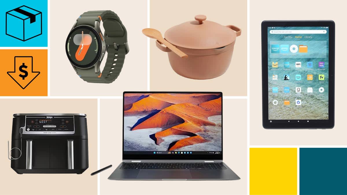 Our Place Perfect Pot, Amazon Fire HD10 (2023), Samsung Galaxy Book5 Pro 360, Ninja Foodi DZ550, and Samsung Galaxy Watch7 (40mm)