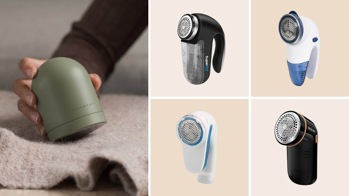 Person using Steamery fabric shaver on sweater, Super Lint, Mainstays, Conair, and Philips fabric shavers