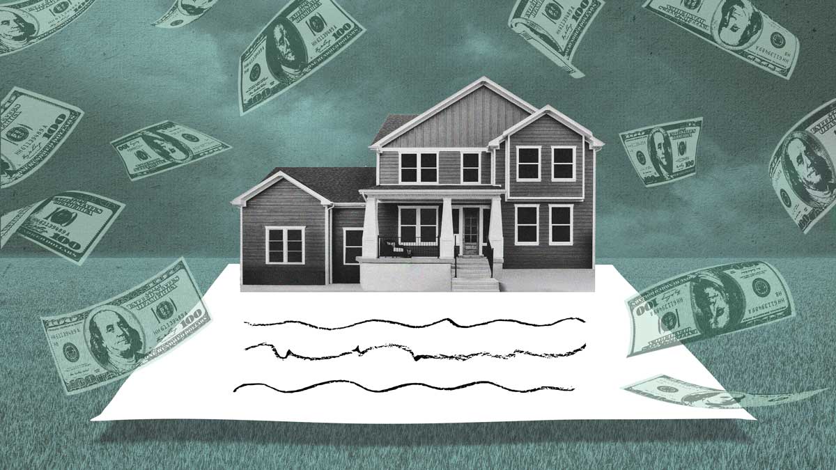 Illustration of a home with floating U.S. hundred-dollar bills surrounding it on a piece of paper.