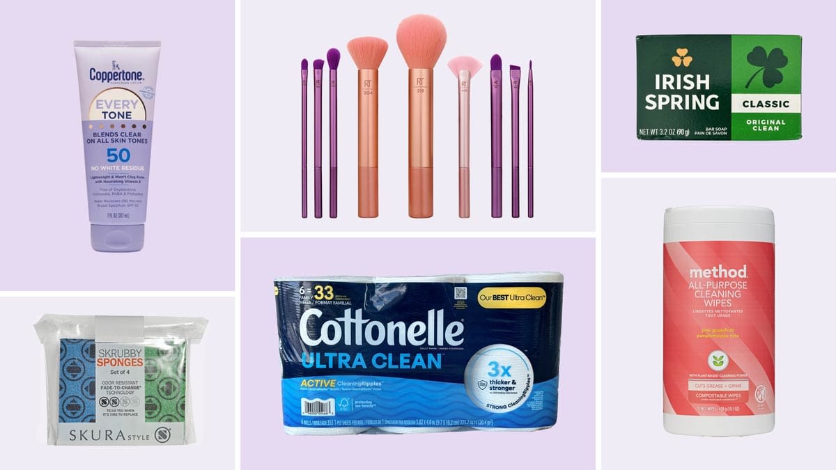 Coppertone Every Tone Sunscreen Lotion SPF 50, Real Techniques Everyday Essentials Makeup Brush Kit, Irish Spring Bar Soap, Skura Style Skrubby Sponge, Cottonelle Ultra Clean, Method All-Purpose Cleaning Wipes