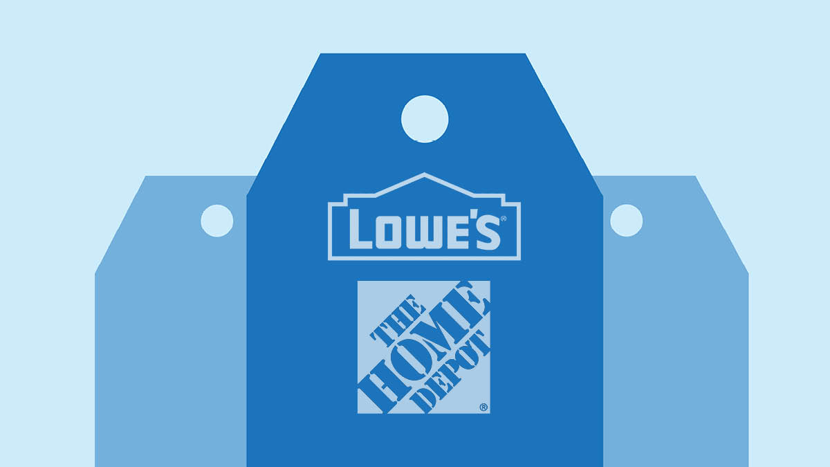 Blue tags with Lowes logo and Home Depot logo