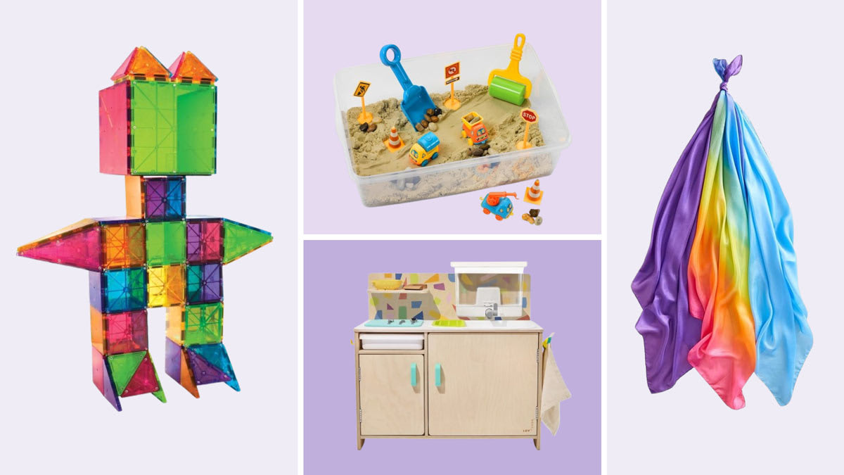 MAGNA TILE Classic 100 Piece set, Creativity for Kids Sensory Bin, The Real Life Play Kitchen, Sarah Silks Set of 3 Playsilks