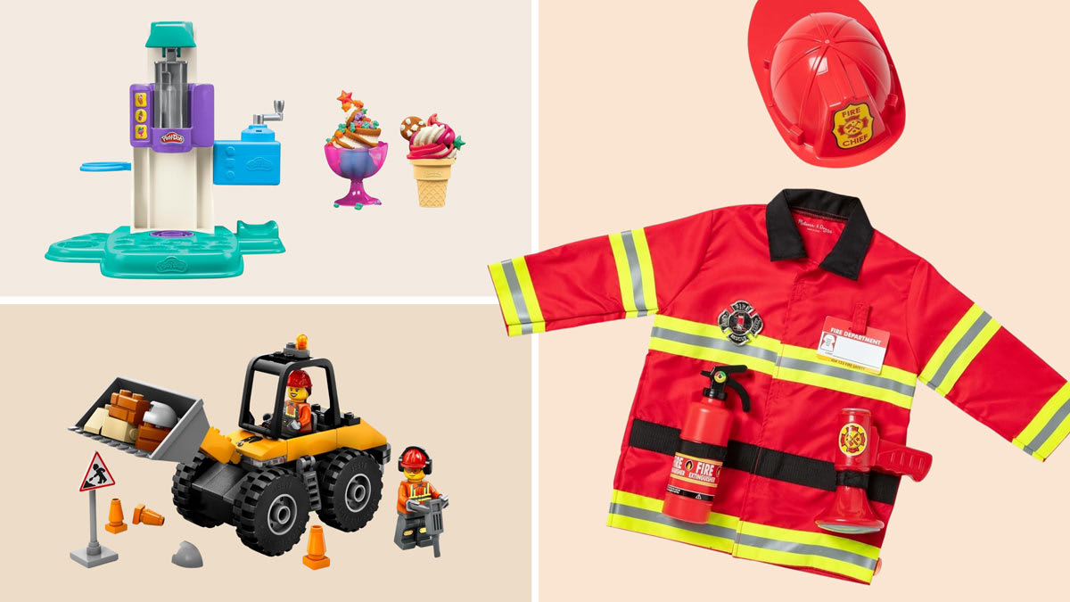 grid of Play-Doh Rainbow Swirl Ice Cream Playset, LEGO City Yellow Construction set, and Melissa and Doug Fire Chief Role Play Costume on light brown backgrounds