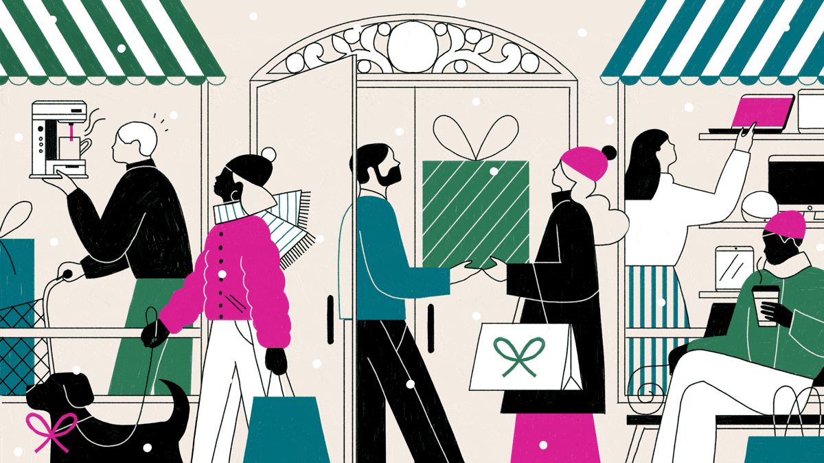 People shopping for gifts in winter, carrying bags and boxes as snow falls.