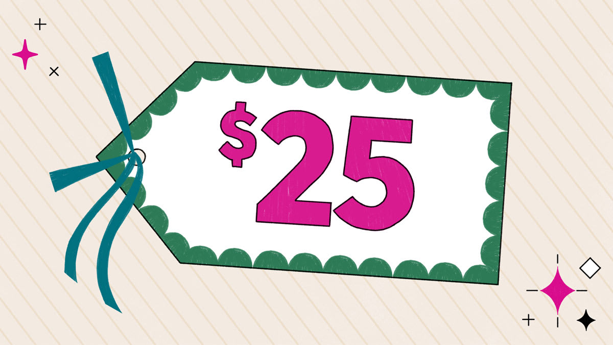 A shopping tag with twenty-five dollars written on it.