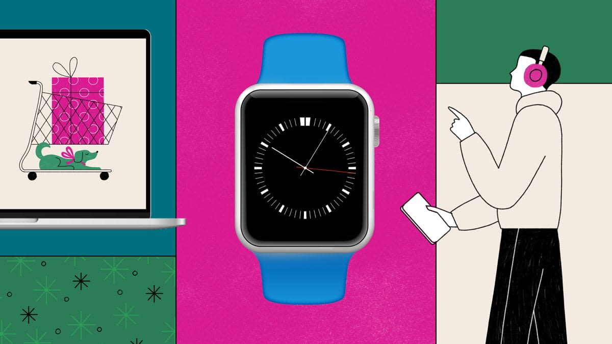 A smartwatch centered between a laptop showing a shopping cart with gifts and a person wearing headphones holding a tablet.