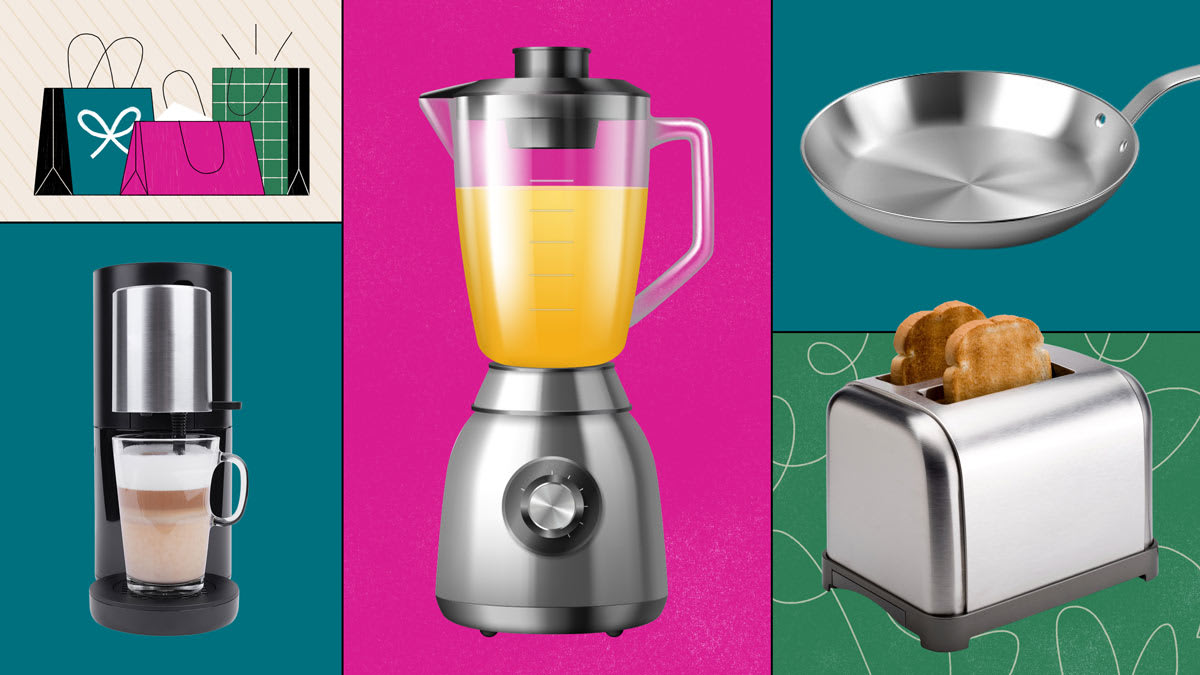 Collage of kitchen appliances including a blender, coffee maker, frying pan, and toaster, with colorful backgrounds and shopping bags in the corner.