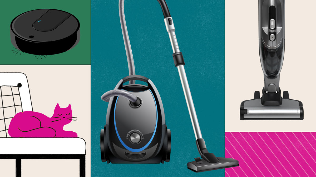 Collage of vacuum cleaners with a cat resting on a chair.
