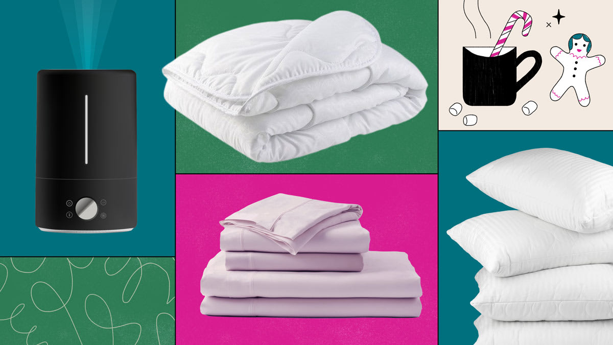Collage of sleep essentials including a humidifier, folded comforter, bed sheets, and stacked pillows, with a drawing of a mug of cocoa and a gingerbread cookie.