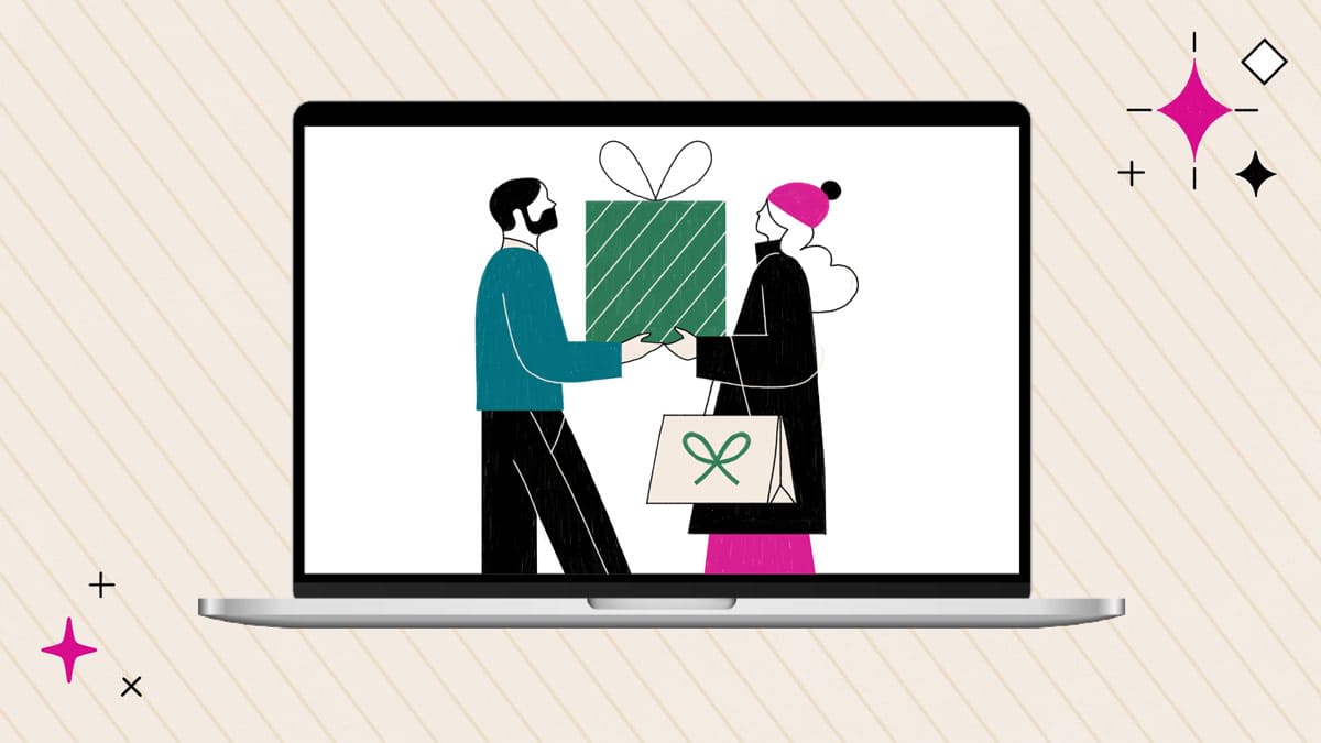 Two people exchanging a gift displayed on a laptop screen.