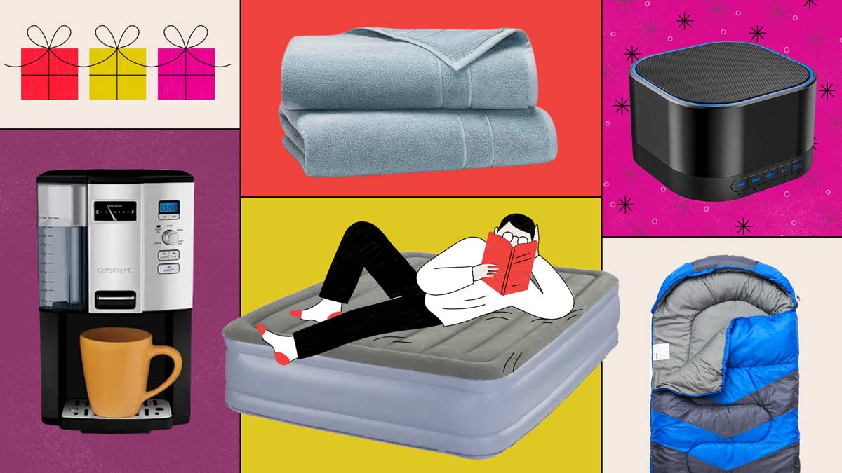 Brooklinen Super-Plush Bath Towels, Magicteam Sound Machines White Noise Machine, MalloMe Sleeping Bag, Simmons Beautyrest Hi Loft Raised Air Mattress, and Cuisinart Coffee on Demand DCC-3000 coffee maker