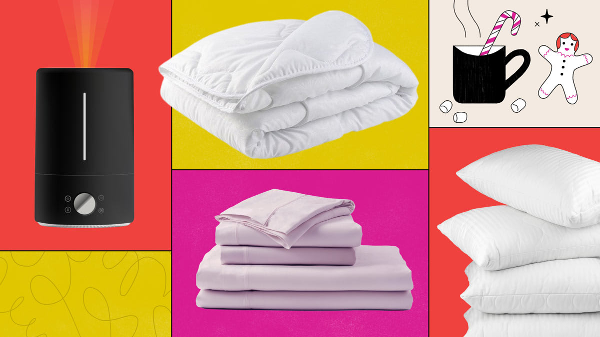 Collage of sleep essentials including a humidifier, folded comforter, bed sheets, and stacked pillows, with a drawing of a mug of cocoa and a gingerbread cookie.
