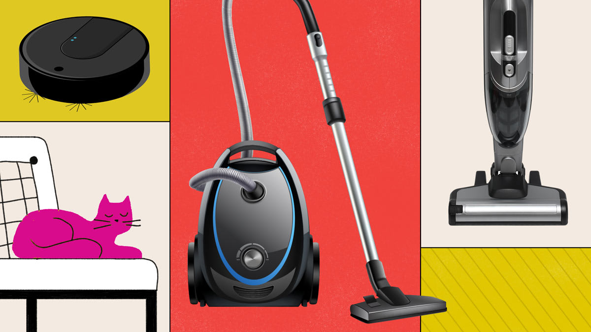 Collage of vacuum cleaners with a cat resting on a chair.