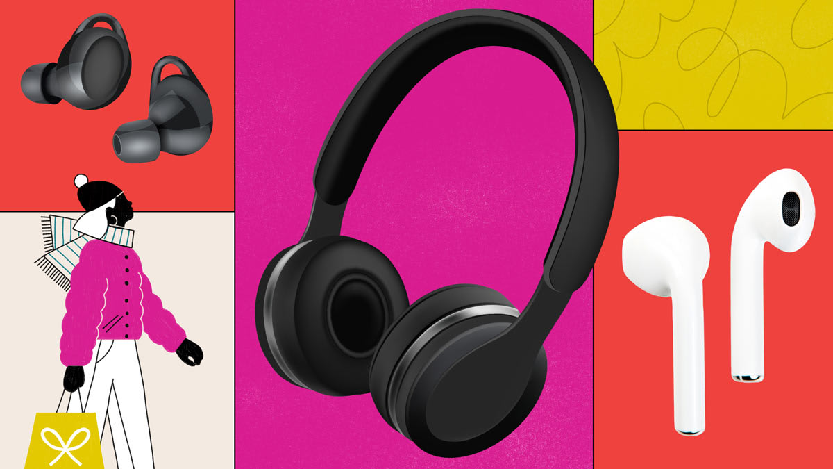 Collage of headphones, earbuds, and a winter shopper with a gift bag.