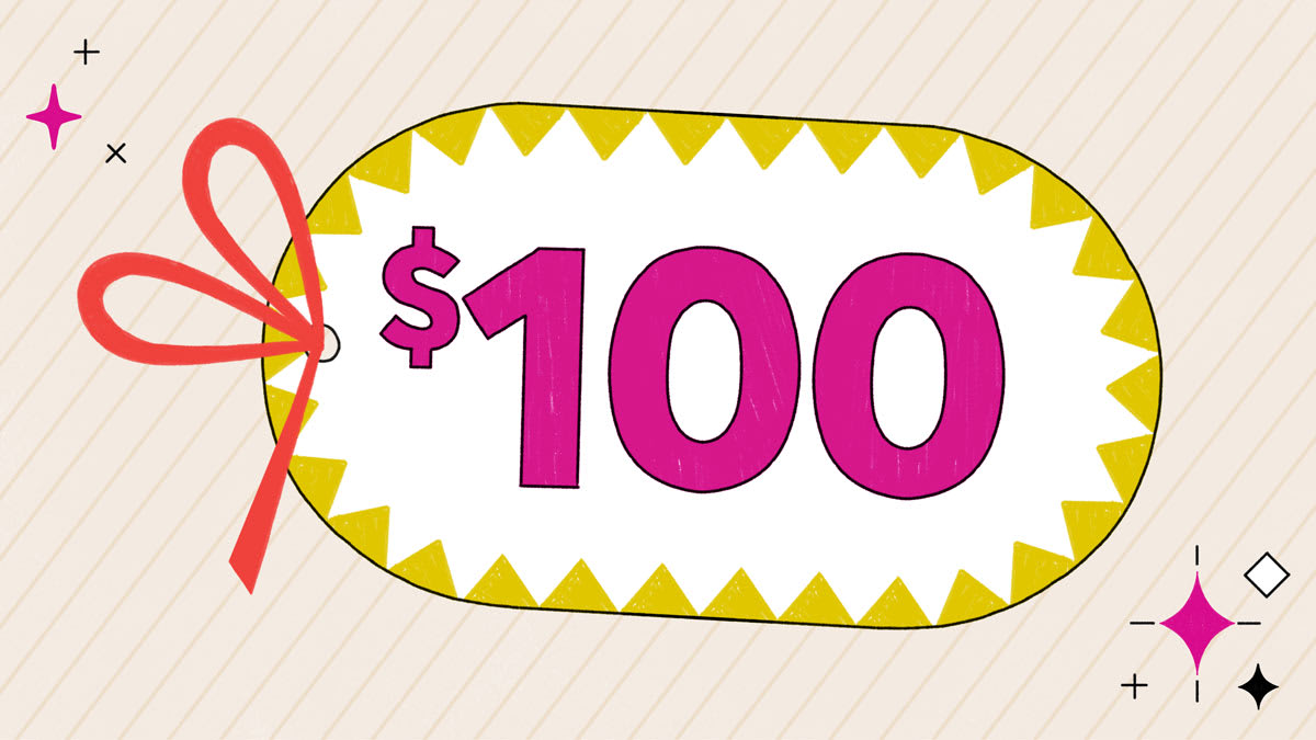 A shopping tag with one-hundred dollars written on it.