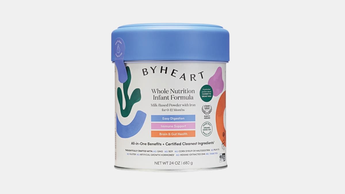 24-ounce container of ByHeart Whole Nutrition Infant Formula on grey background.
