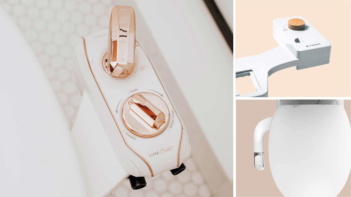 Clockwise from left: Rose gold-colored Luxe Bidet Neo 320 Plus seen on a toilet, Tushy Classic 3.0 attachment, Bio Bidet SlimTwist.
