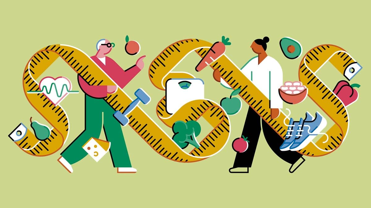 illustration of two people holding measuring tape with items (pear, avocado, cheese, apple, carrot, bathroom scale, sneakers, pepper) floating around them