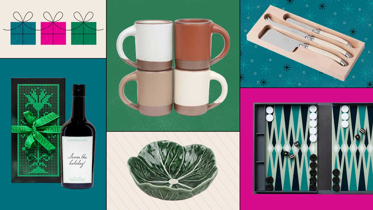 Shown Clockwise: East Fork The Mug 4-Pack, Laguiole Cheese Knife Set, Printworks Backgammon Game Set. A Vida Portuguesa Ceramic Cabbage Bowl, and Flamingo Estate Personalized Heritage Extra Virgin Olive Oil