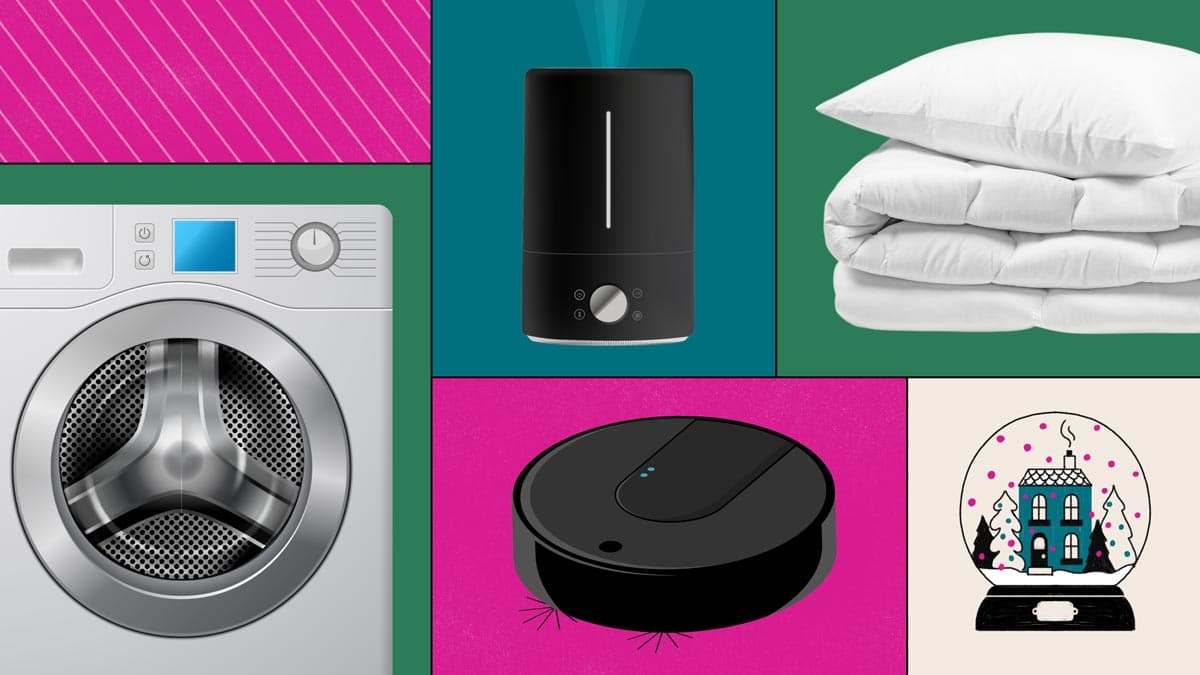 Illustration of a house in a snow globe plus a washing machine. air purifier, pillow, comforter, and vacuum.