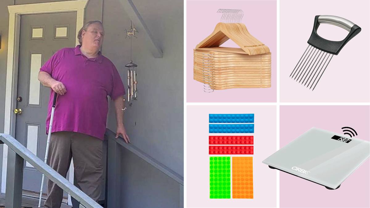 A man with vision loss using a white cane and brushing up against a wind chime on the steps of a house. Also shown are wooden hangers, a safe chopping guide, a talking scale, and multicolored bump dots.