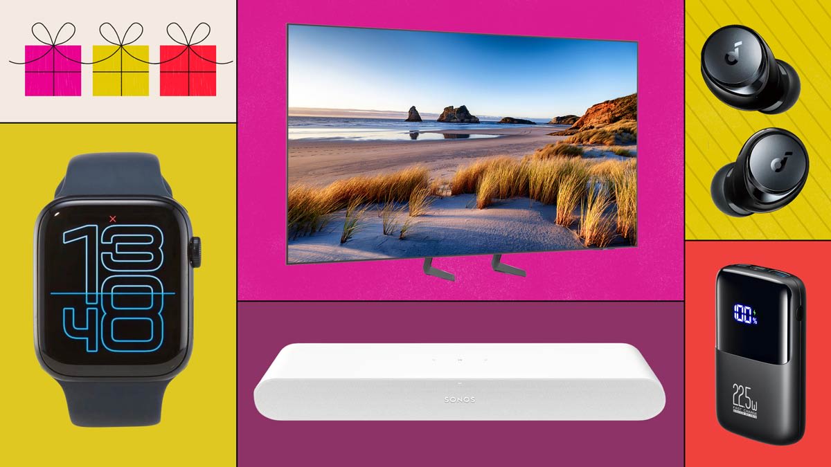 Samsung QN65S84FA TV, Soundcore Space A40 Wireless Earbuds, Iniu Portable Charger 22.5W 10,000mAh, Sonos Ray Sound Bar, and Apple Watch SE 3 (44mm) GPS