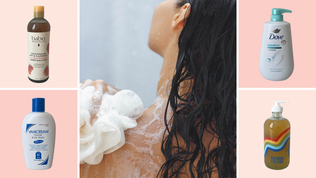 Babo Botanicals Moisturizing Oat & Calendula Bubble Bath & Wash Duo, Dove Sensitive Body Wash, Bathing Culture Mind and Body Wash, and Vanicream Gentle Body Wash, and a woman in the shower using body wash on a loofa.